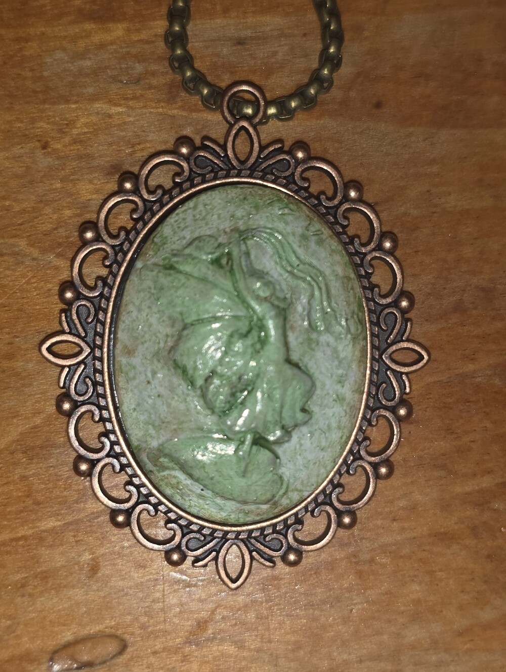 Resin Fairy Necklace Handpainted DDistressed Green W Bronze Metal Chain & Frame